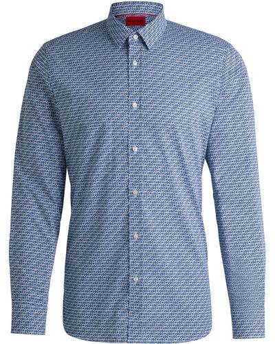 HUGO Extra Slim-fit Overhemd In Katoenen Popeline Met Print - Blauw
