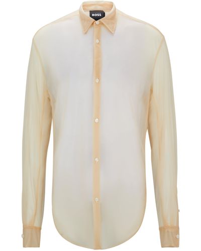 BOSS Regular-Fit Hemd aus transparentem Jersey mit Kentkragen - Weiß