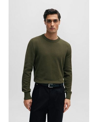 BOSS Micro-structured Crew-neck Sweater In Cotton - Green