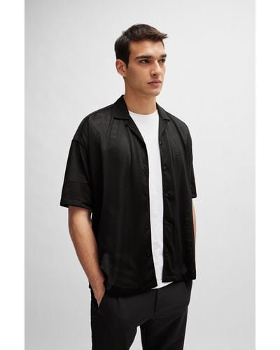 BOSS Relaxed-fit Shirt In Jersey Mesh With Camp Collar - Black