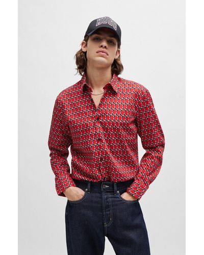 HUGO Slim-fit Shirt In Abstract-printed Cotton Poplin - Red