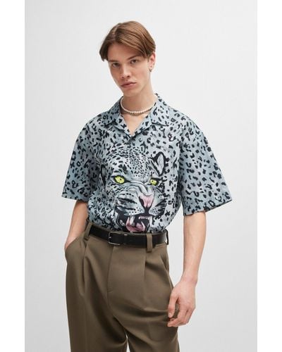 HUGO Oversized Short-sleeved Shirt In Animal-print Cotton - Blue