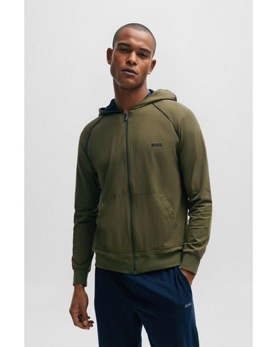 BOSS Zip-up Hoodie In Stretch Cotton With Embroidered Logo - Green