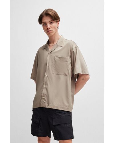 HUGO Oversized-fit Short-sleeved Shirt In Fluent Canvas - Natural