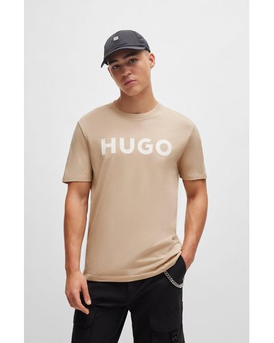 HUGO Cotton-jersey Regular-fit T-shirt With Logo Print - Natural