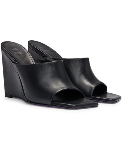 BOSS Naomi X Wedge-heel Mules In Leather - Black