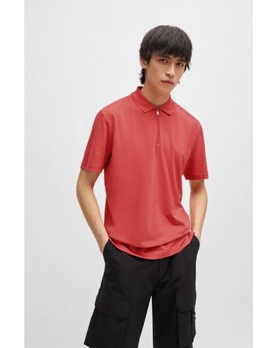 HUGO Cotton-blend Polo Shirt With Zip Placket - Red