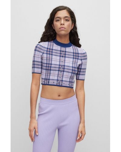 HUGO Short-sleeved Cropped Sweater With Logo Check - Blue