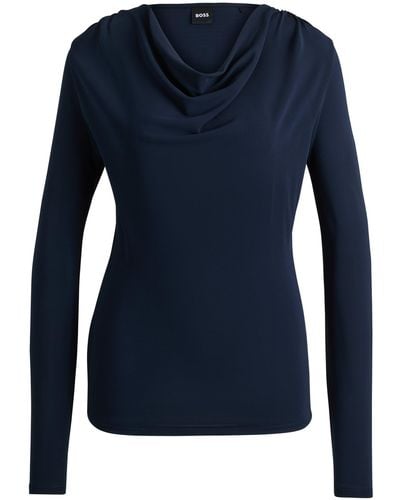 BOSS Long-sleeved Top In Stretch Crepe With Cowl Neckline - Blue