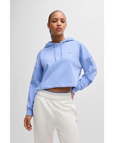 HUGO Cropped Cotton-terry Hoodie With Smiley Logo Badge - Blue