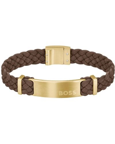 BOSS Brown-suede Braided Cuff With Logo Plate