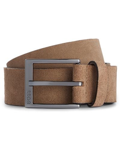 BOSS Italian-suede Belt With Engraved Logo Buckle - Brown