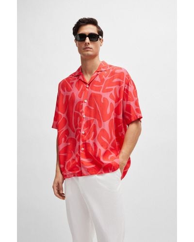 BOSS Relaxed-fit Shirt In Seasonal Print With Camp Collar - Red