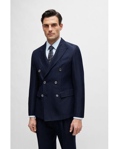 BOSS Slim-fit Jacket In Herringbone Virgin Wool And Linen - Blue