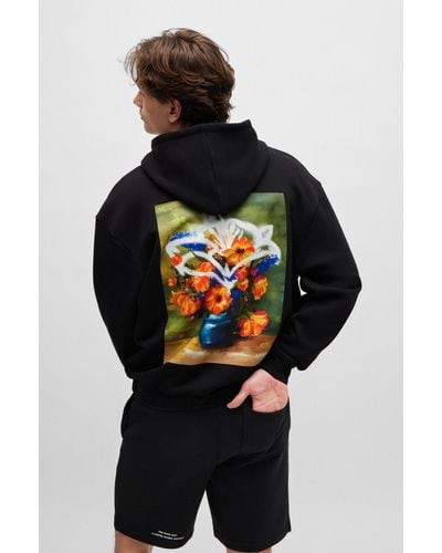 HUGO Cotton-blend Oversized-fit Hoodie With Floral Artwork - Black