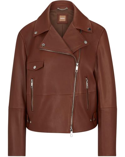 BOSS Leather Jacket With Signature Lining And Asymmetric Zip - Brown