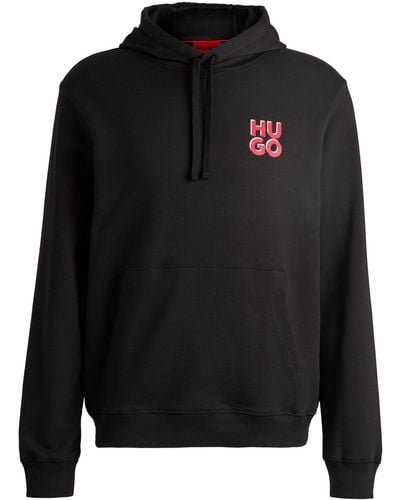 HUGO Cotton-terry Hoodie With Stacked Logo Print - Black