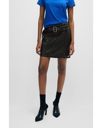 HUGO Minifalda de piel con cinturón con hebilla - Negro