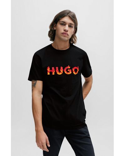 HUGO Cotton-jersey T-shirt With Puffed Flame Logo - Black