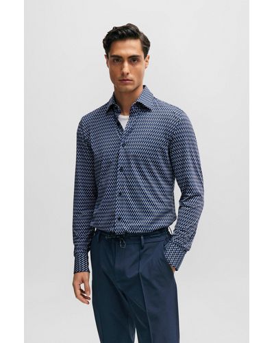 BOSS Slim-fit Shirt In Printed Performance-stretch Material - Blue