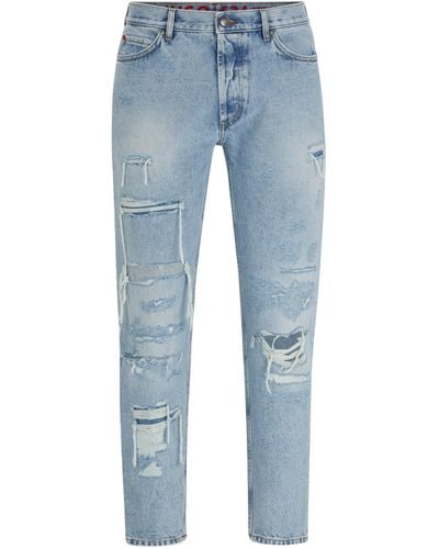 HUGO Blaue Tapered-Fit Jeans aus Denim mit Destroyed-Effekten