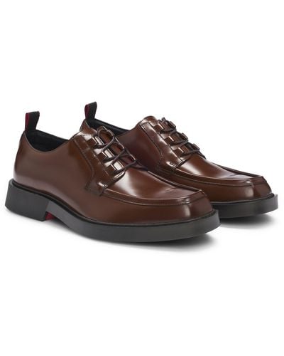 HUGO Square-toe Derby Shoes In Leather With Piping Details - Brown