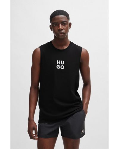 HUGO Camiseta de tirantes de punto de algodón con logo apilado bordado - Negro