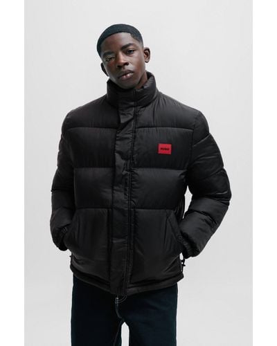 HUGO Water-repellent Puffer Jacket With Red Logo Badge - Black