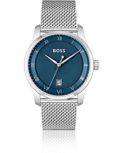 BOSS Uhr mit gemustertem blauem Zifferblatt und Mesh-Armband - Grau