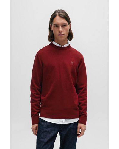 BOSS Jersey con cuello redondo de algodón y cashmere con logo - Rojo