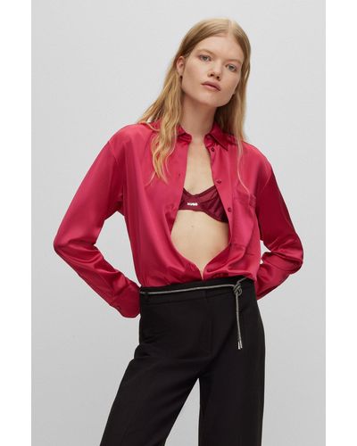 HUGO Oversized-fit Blouse In Stretch Satin - Red