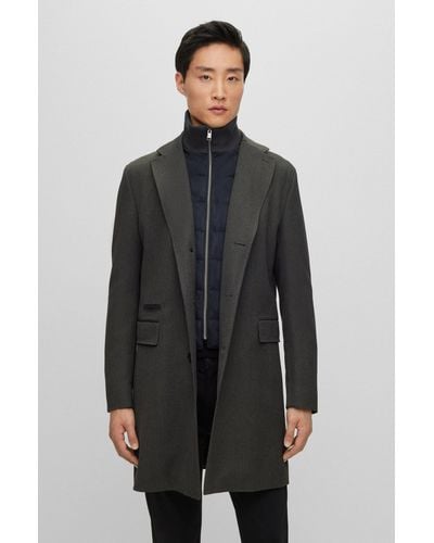 BOSS Water-repellent Wool-blend Coat With Zip-up Inner - Gray