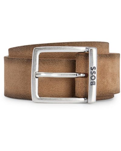 BOSS by HUGO BOSS Suede Belt With Squared Buckle And Engraved Logo - Brown