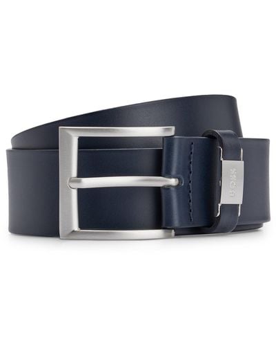 BOSS Italian-leather Belt With Logo Keeper And Brushed Hardware - Blue