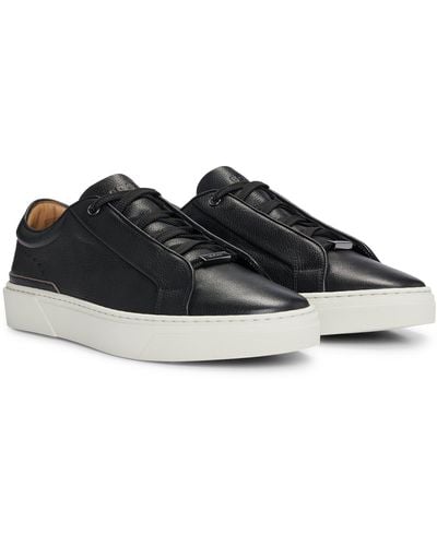BOSS Gary Grained-leather Low-top Trainers With Branded Metal Lace Loop - Black