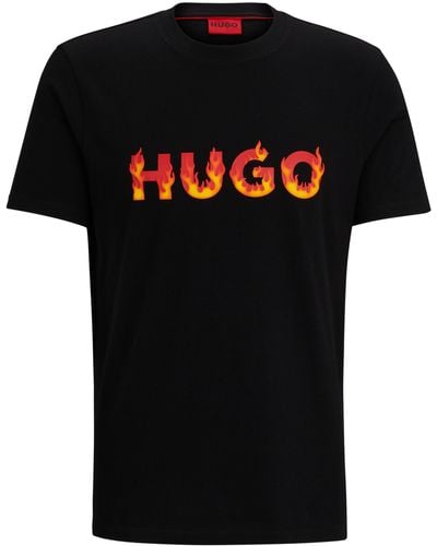 HUGO T-shirt Van Katoenen Jersey Met Verhoogd Vlammenlogo - Zwart
