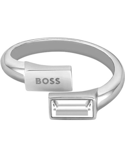 BOSS by HUGO BOSS Zilverkleurige Ring Met Baguette Geslepen Kristal - Wit