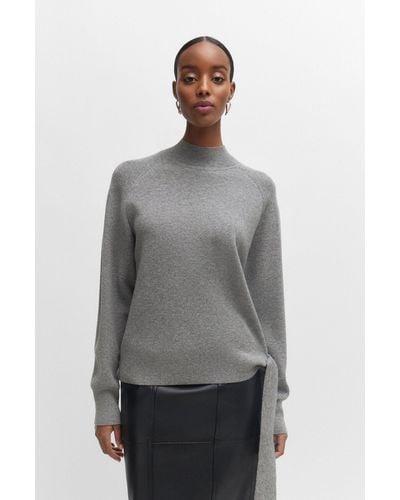 BOSS Tie-detail Sweater In Virgin Wool And Cashmere - Grey