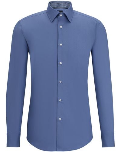 BOSS Slim-fit Overhemd In Gemakkelijk Te Strijken Katoenen Popeline Met Stretch - Blauw