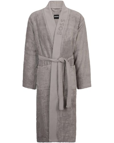 BOSS Logo-lapel Dressing Gown In Long-fibre Cotton - Grey