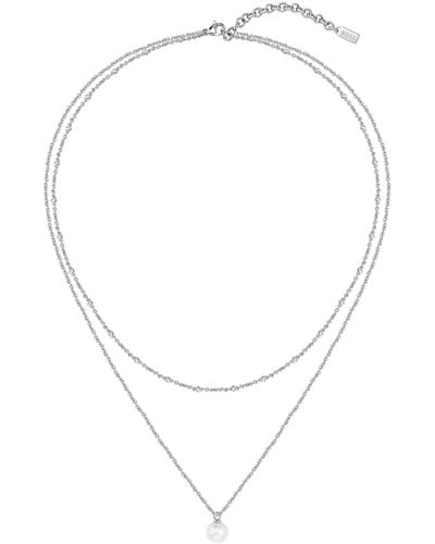 BOSS Silver-tone Layered Chain Necklace With Genuine Pearl Pendant - Multicolour