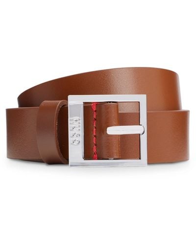 HUGO Italian-leather Belt With Square Logo Buckle - Brown