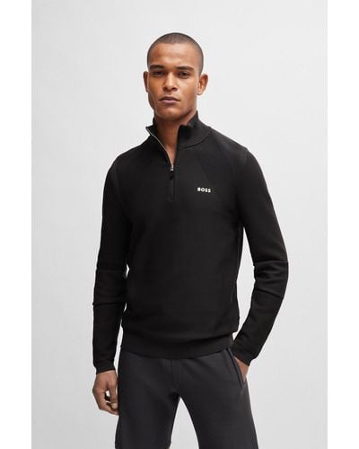 BOSS Zip-neck Jumper In Stretch Fabric With Contrast Logo - Black