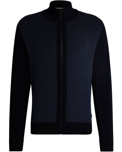 BOSS Zip-up Cardigan In Virgin Wool With Mixed Structures - Blue