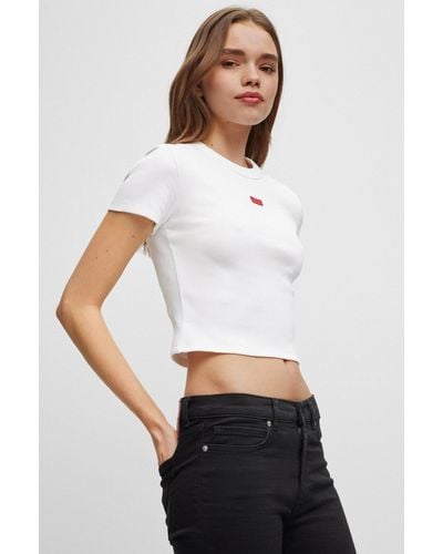 HUGO Cropped Top In Organic Stretch Cotton With Logo Label - White