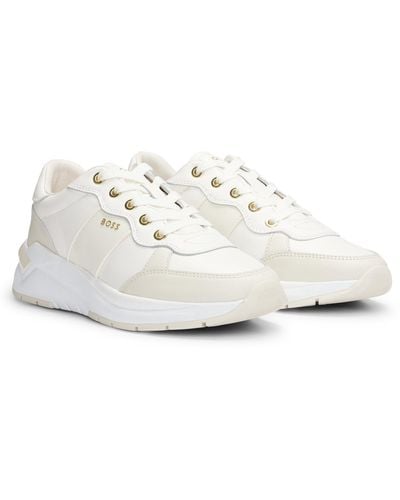 BOSS Leather Lace-up Sneakers With Gold-tone Logo - White