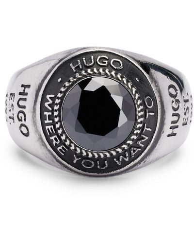 HUGO Stainless-steel Slogan-engraved Signet Ring With Black Stone