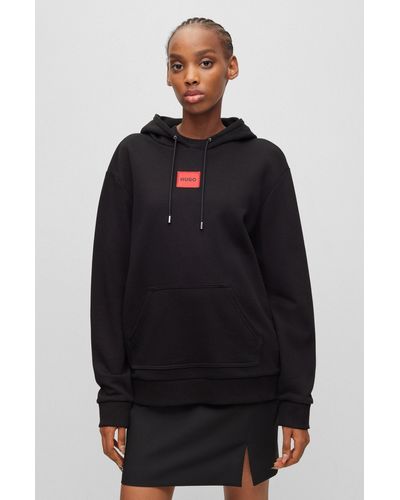 HUGO Sweat à capuche en coton avec étiquette logo - Noir