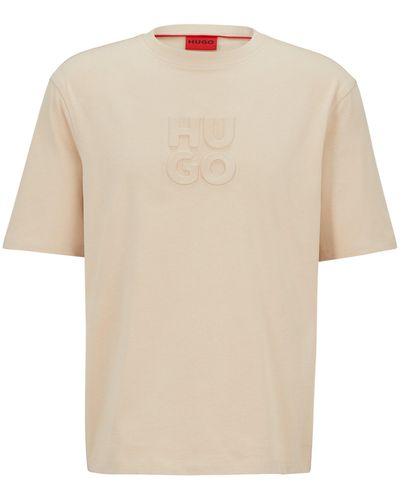 HUGO T-shirt Van Katoenen Jersey Met Tweedelig Logo In Reliëf - Naturel