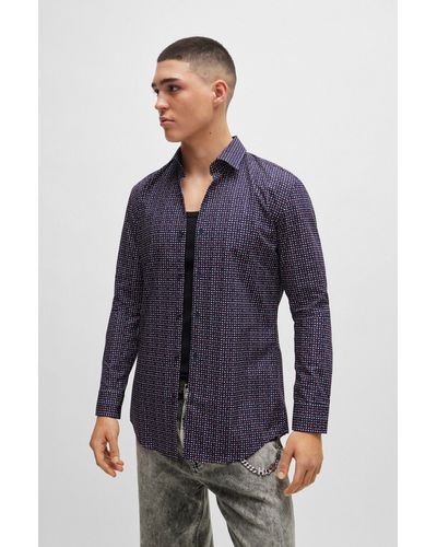 HUGO Slim-fit Shirt In Printed Cotton Poplin - Blue